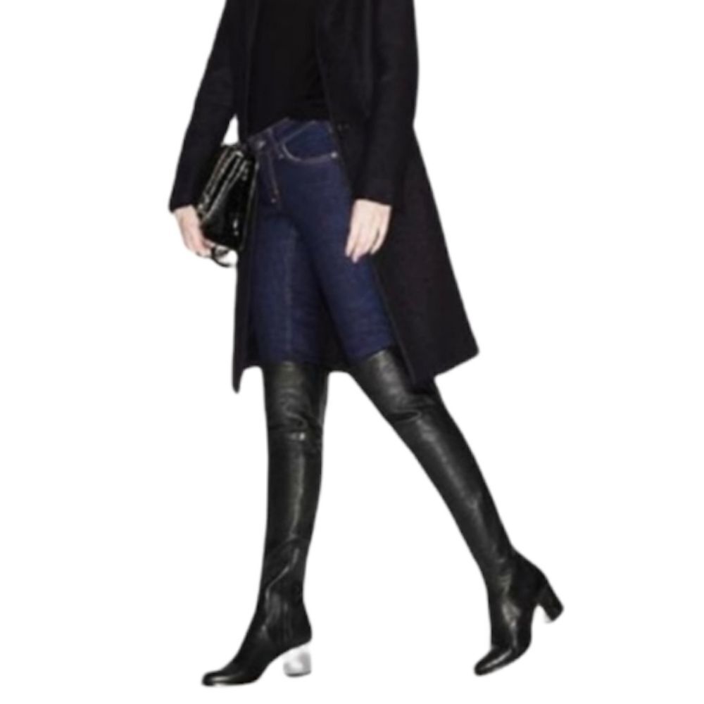 JIMMY CHOO Mercer Over the Knee OTK Leather Silver Block Heel Boots 39.5